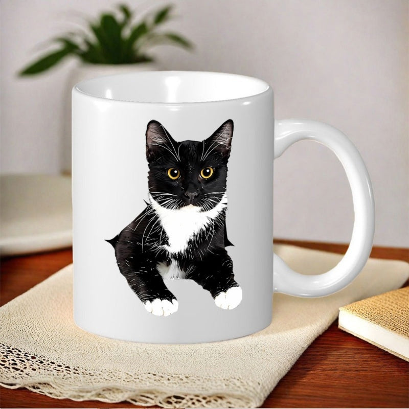 Tailorly White Ceramic 11 oz Mug - Sitting Black And White Tuxedo Pet With Striking Yellow Eyes Cat