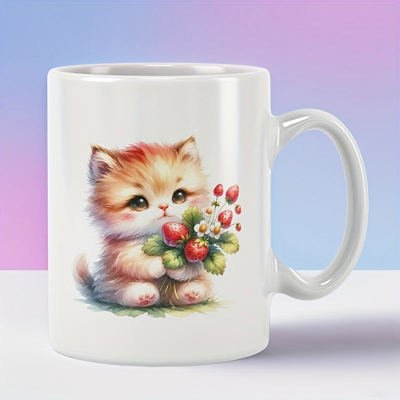 Tailorly White Ceramic 11 oz Mug - Adorable Fluffy Ginger Animal Holding A Bouquet Of Fresh Red Strawberries Kitten