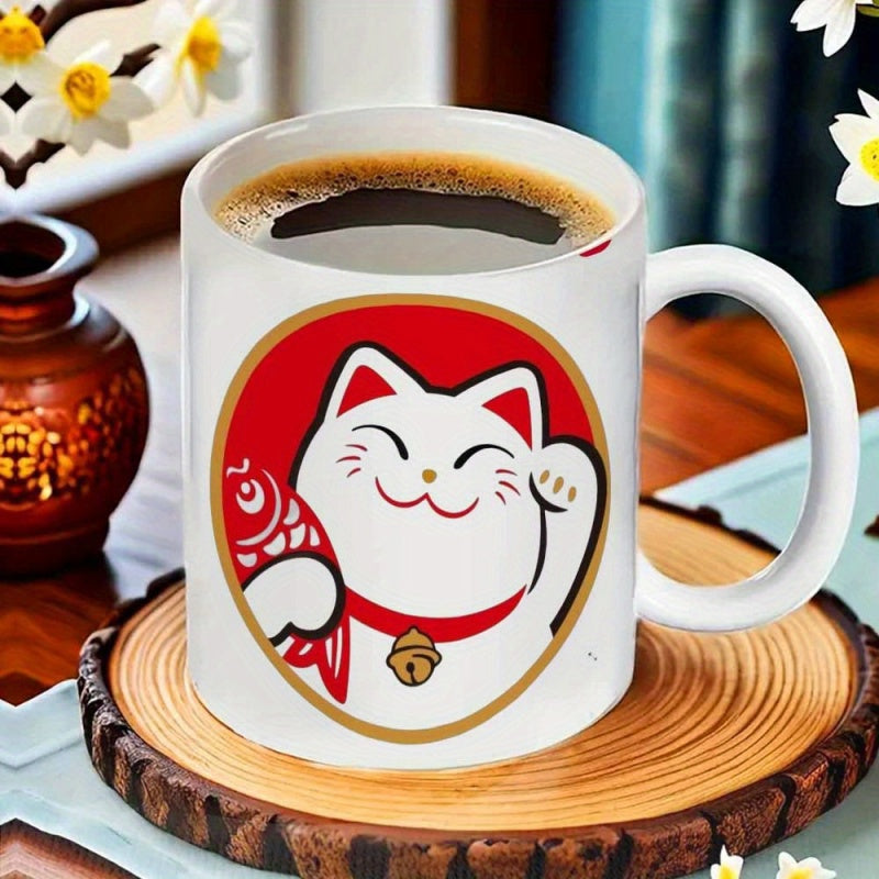 Tailorly White Ceramic 11 oz Mug - Smiling Lucky Cat Holding Red Fish Inside Circular Traditional Border Cat
