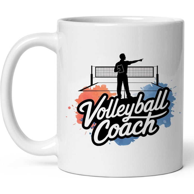 Tailorly White Ceramic 11 oz Mug - Volleyball Coach Professional Silhouette Standing Before A Net With Vibrant Colorful Watercolor Splashes Coach