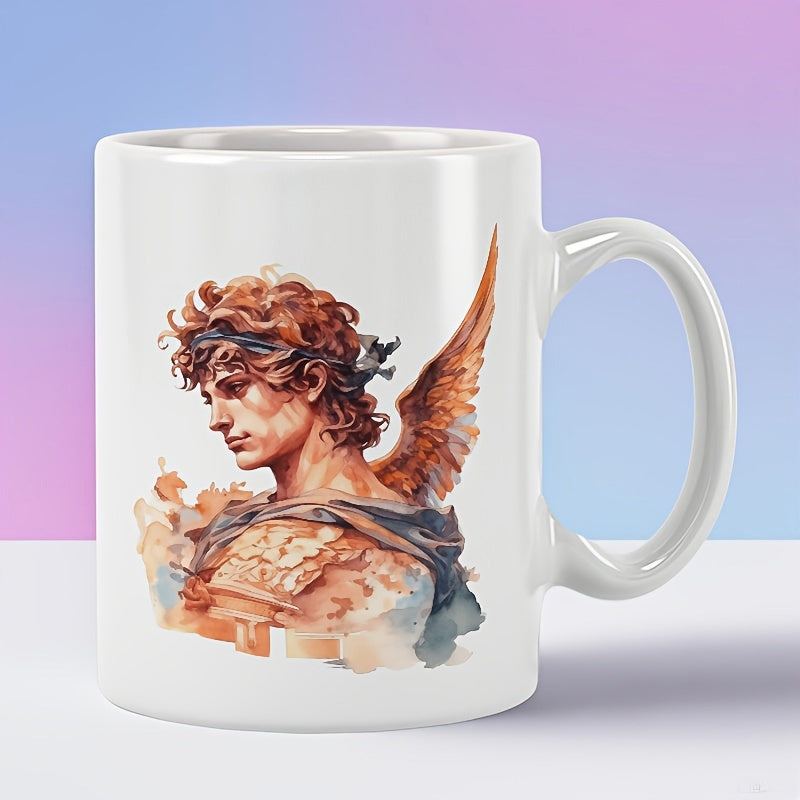 Tailorly White Ceramic 11 oz Mug - Classical Winged Warrior Wearing Armor Surrounded By Soft Watercolor Textures Serene Angel