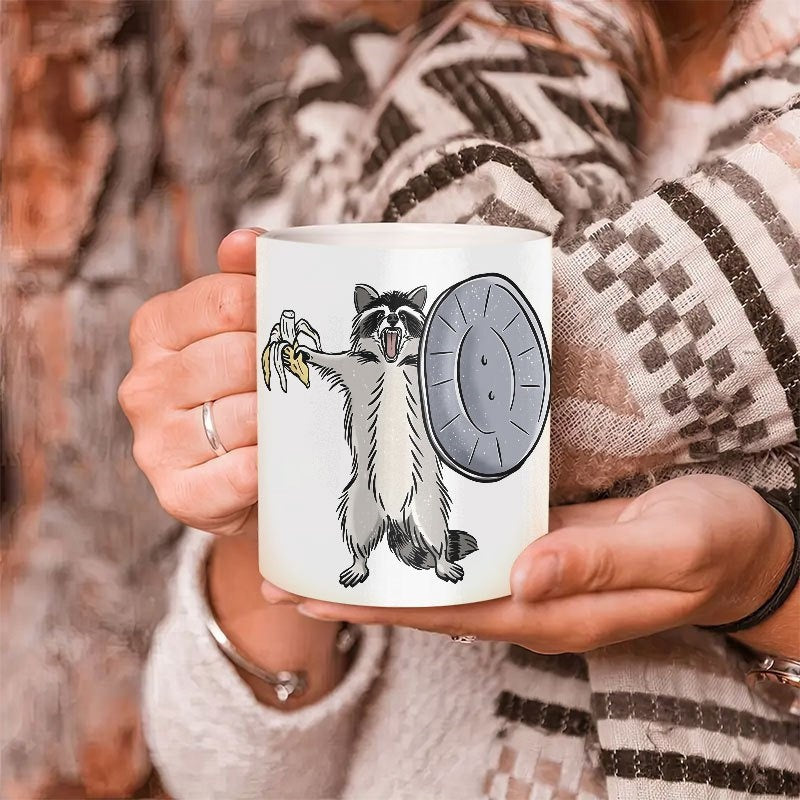 Tailorly White Ceramic 11 oz Mug - Brave Warrior Animal Holding A Pizza Slice And Metal Shield Raccoon