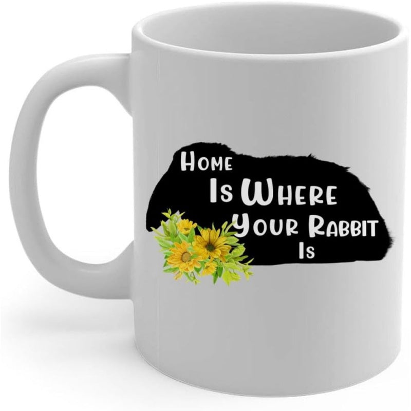 Tailorly White Ceramic 11 oz Mug - Home Is Where Your Rabbit Is Yellow Sunflowers With Green Leaves Over A Dark Background Shape Rabbit