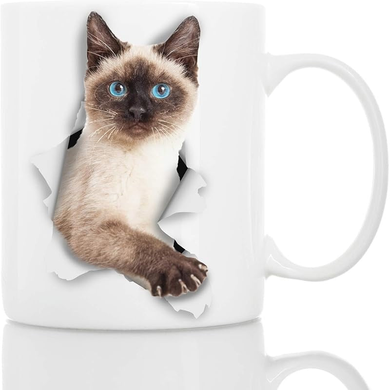 Tailorly White Ceramic 11 oz Mug - Cute Blue Eyed Siamese Poking Through Torn White Paper Surface Cat