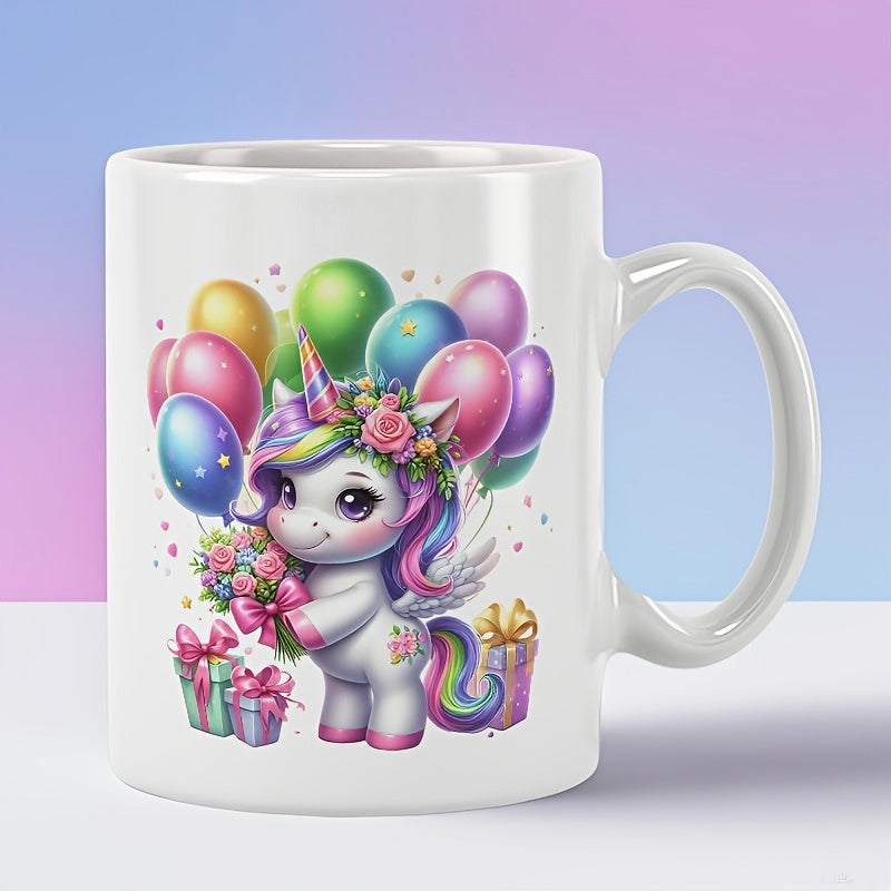 Tailorly White Ceramic 11 oz Mug - Adorable Baby Unicorn Carrying Flowers Among Festive Colorful Floating Balloons Celebration Unicorn