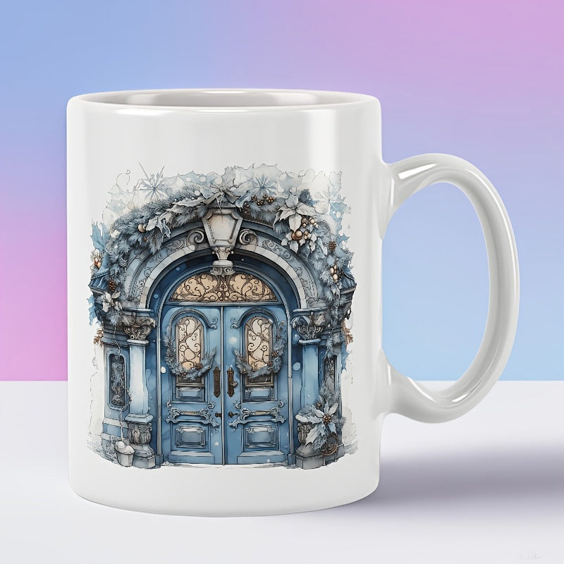 Tailorly White Ceramic 11 oz Mug - Intricate Ornate Blue Arched Portal Surrounded By Delicate Flower Garden Vines Door