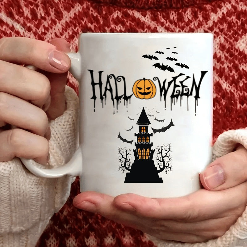 Tailorly White Ceramic 11 oz Mug - Halloween Spooky Silhouette Under Flying Bats With Carved Pumpkin Haunted House