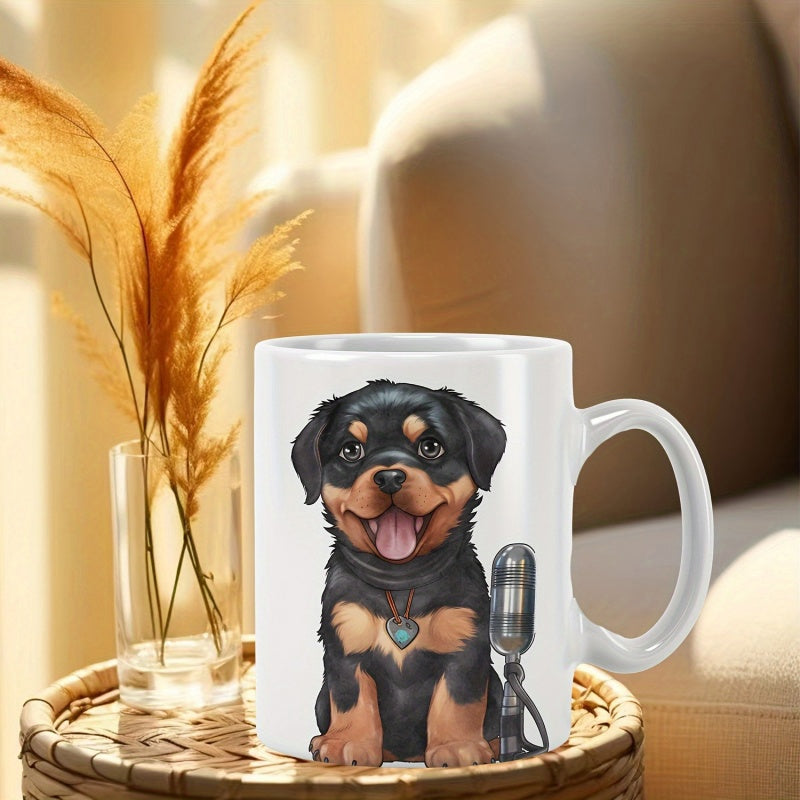 Tailorly White Ceramic 11 oz Mug - Adorable Cartoon Rottweiler Sitting Next To A Studio Microphone Puppy