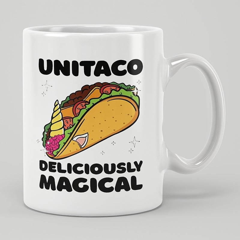 Tailorly White Ceramic 11 oz Mug - Unitaco Deliciously Magical Whimsical Unicorn Features Among Colorful Ingredients And Sparkling Magic Stars Taco