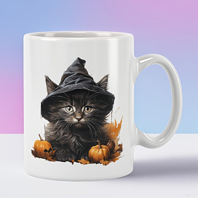 Tailorly White Ceramic 11 oz Mug - Fluffy Black Kitten Wearing Pointed Witch Hat Among Small Autumn Pumpkins Cat