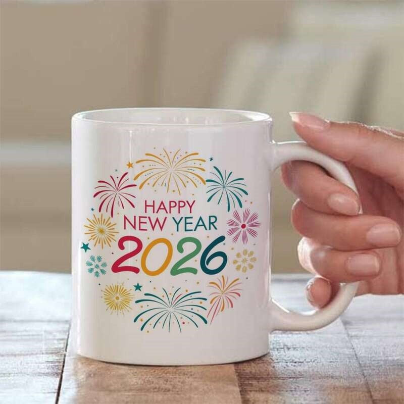 Tailorly White Ceramic 11 oz Mug - Happy New Year 2026 Colorful Bursting Fireworks Displaying A Joyful Holiday Atmosphere Celebration