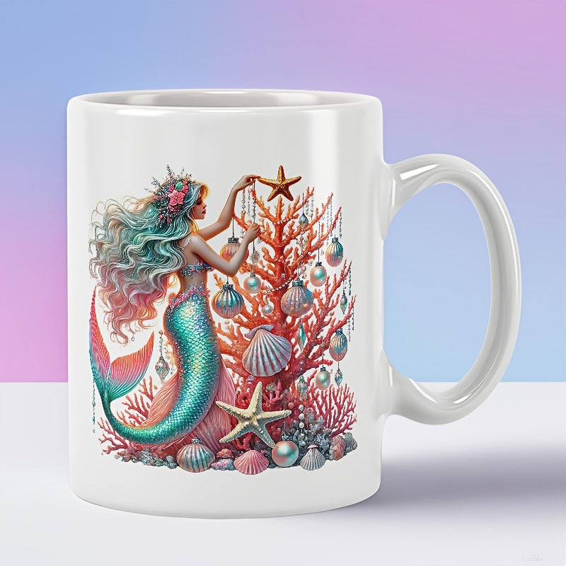 Tailorly White Ceramic 11 oz Mug - Beautiful Mermaid Decorating A Vibrant Pink Coral Tree With Sea Shells Mermaid