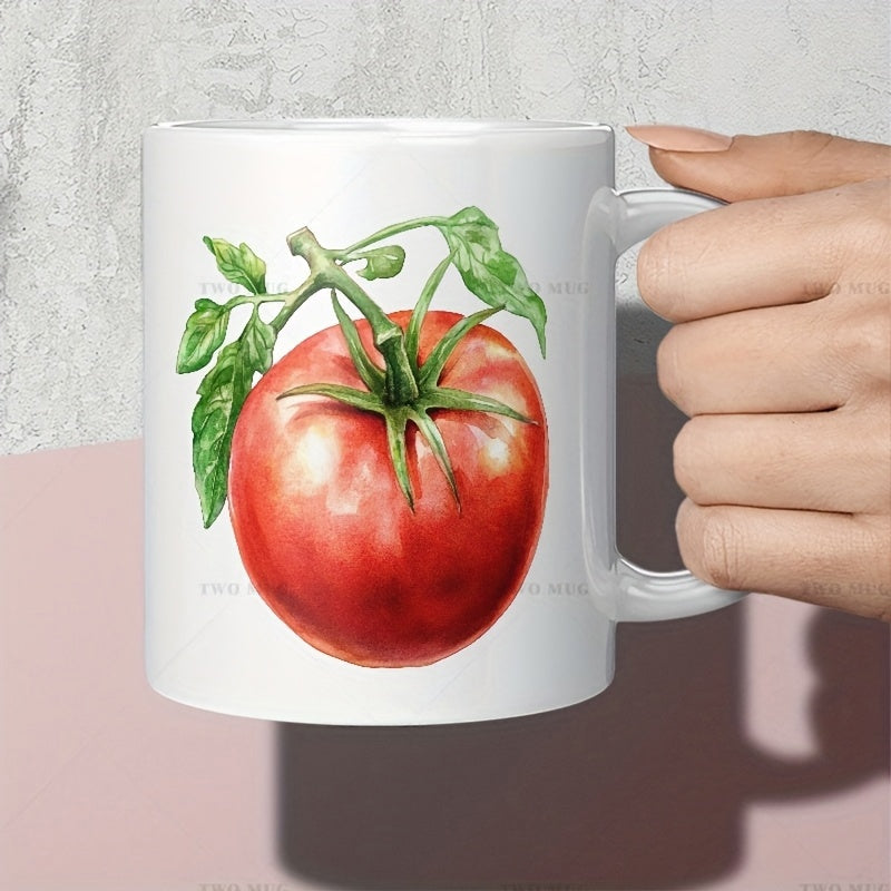 Tailorly White Ceramic 11 oz Mug - Vibrant Red Ripe Garden Fruit With Green Vine Leaves Tomato