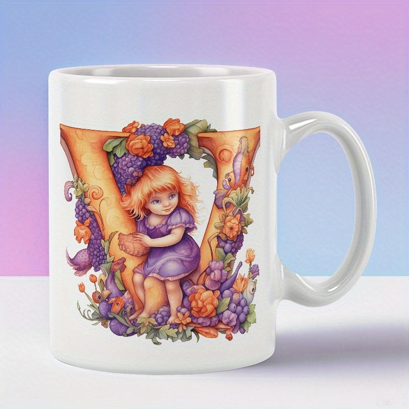 Tailorly White Ceramic 11 oz Mug - Fairytale Little Girl Resting Inside A Large Floral Letter V Girl