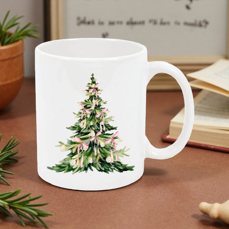 Tailorly White Ceramic 11 oz Mug - Delicate Watercolor Pine Branches Decorated With Soft Pink Ribbons And Festive Bows Christmas Tree