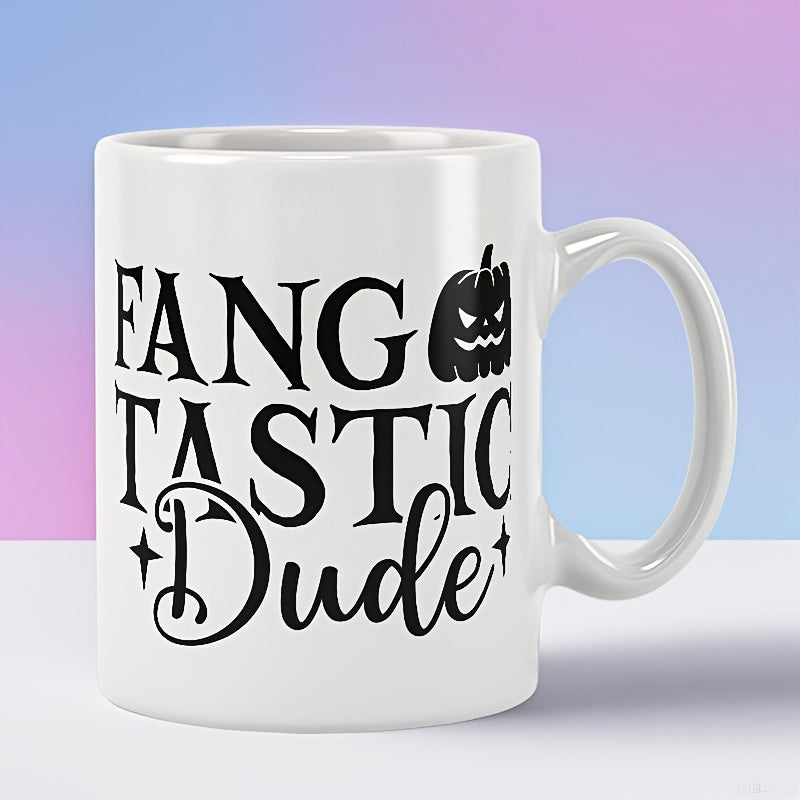 Tailorly White Ceramic 11 oz Mug - Fangtastic Dude Spooky Black Carved Jack O Lantern With Twinkling Little Stars Pumpkin