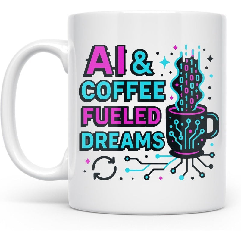 Tailorly White Ceramic 11 oz Mug - AI Coffee Fueled Dreams Circuitry Patterned Cup With Binary Code Steam Rising Above Cyber Mug