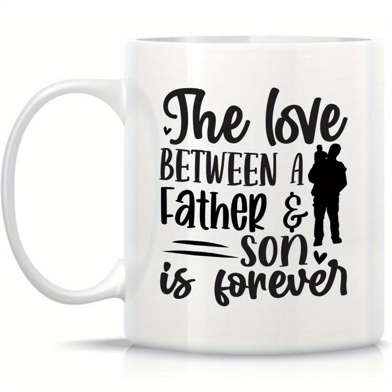 Tailorly White Ceramic 11 oz Mug - The Love Between A Father Son Is Forever Minimalist Black Artistic Silhouette Depicting A Father Carrying His Child Silhouette
