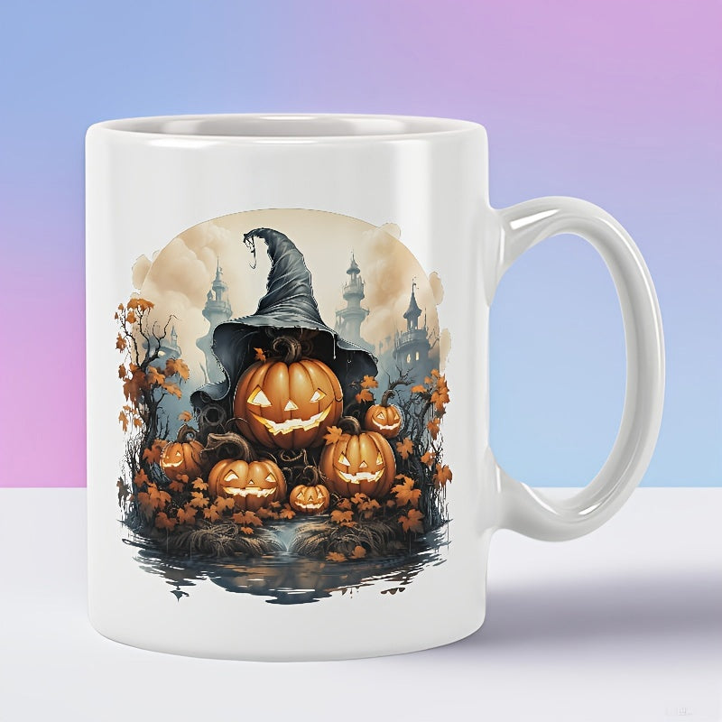 Tailorly White Ceramic 11 oz Mug - Spooky Jack Lanterns Wearing Tattered Wizard Hats Among Gothic Castle Silhouettes Pumpkin