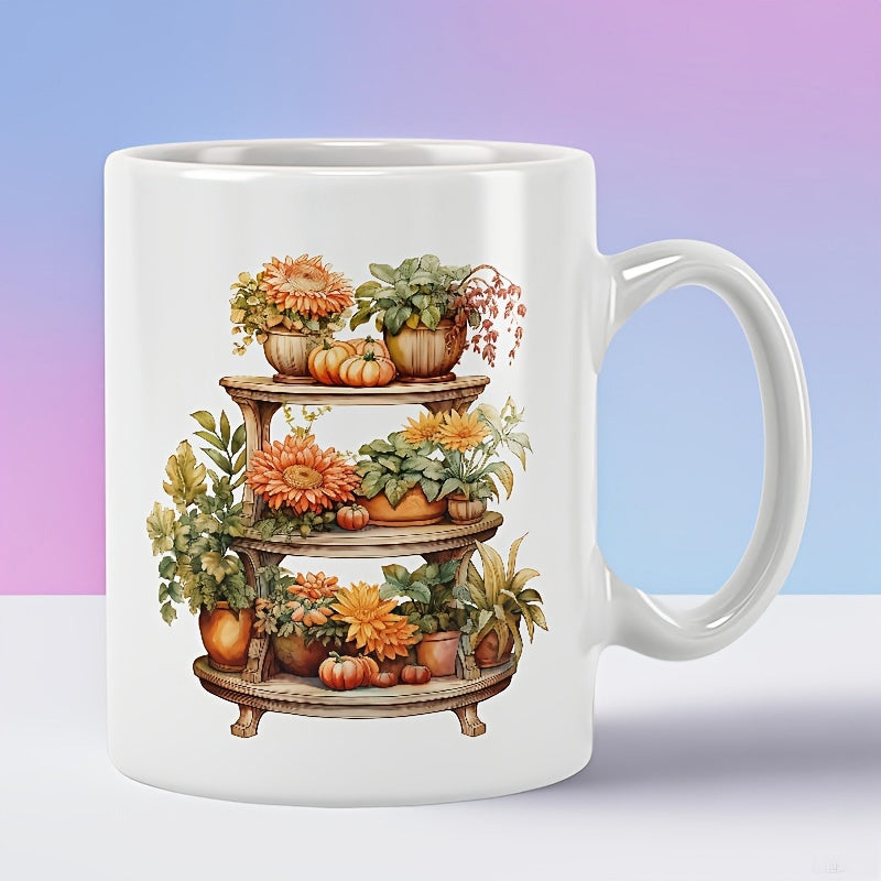 Tailorly White Ceramic 11 oz Mug - Beautiful Rustic Wooden Tiered Display Featuring Autumn Flowers And Small Harvest Pumpkins Stand