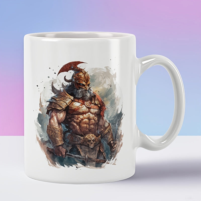 Tailorly White Ceramic 11 oz Mug - Fierce Muscular Ancient Barbarian Wearing Horned Helmet In Artistic Watercolor Style Warrior