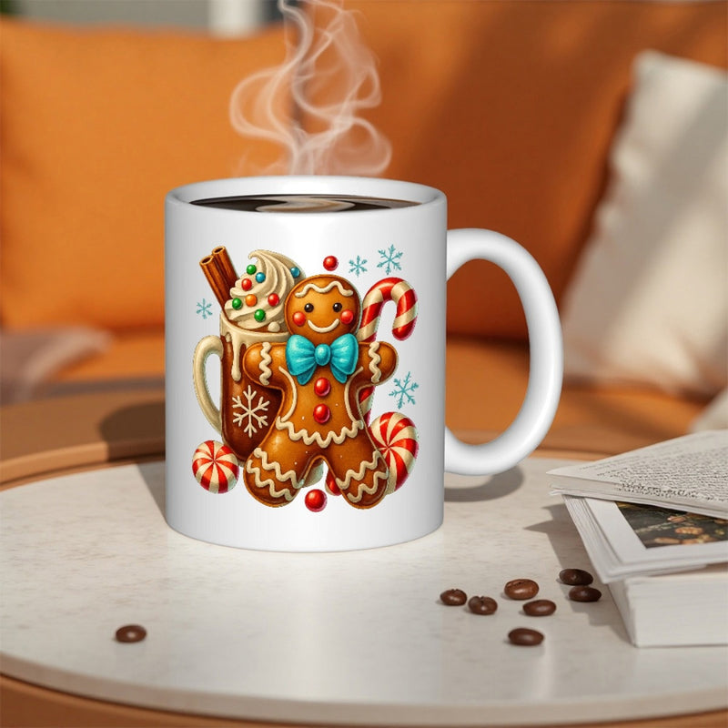 Tailorly White Ceramic 11 oz Mug - Festive Holiday Elements With Hot Cocoa And Peppermint Candy Canes Gingerbread Man