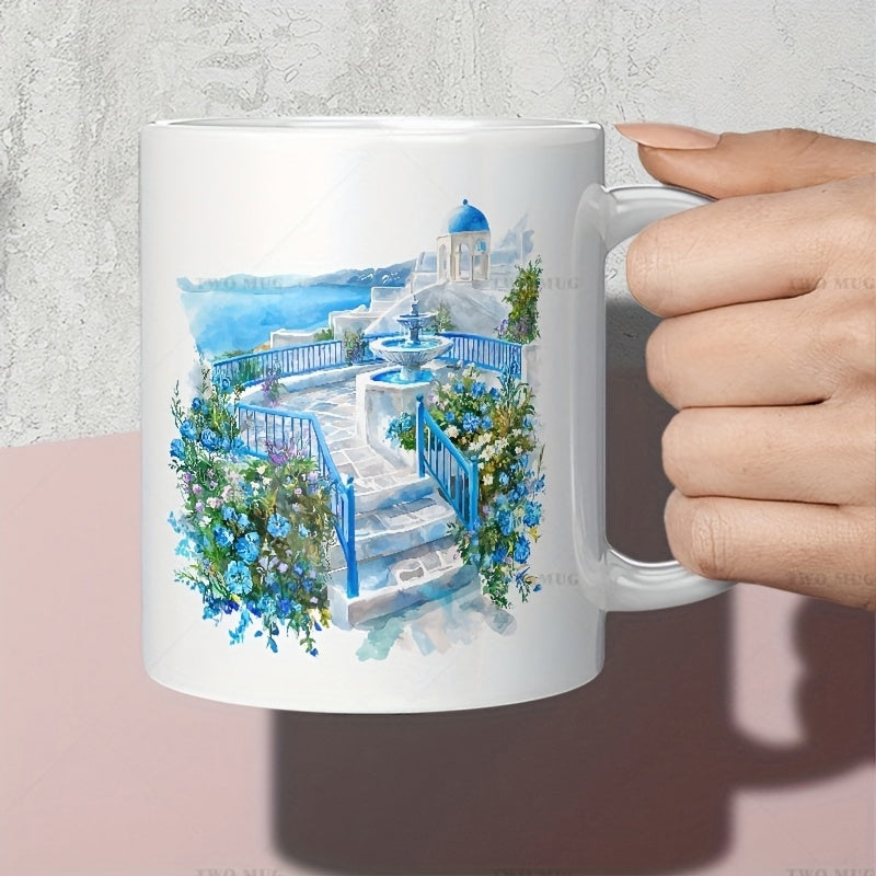 Tailorly White Ceramic 11 oz Mug - Beautiful Mediterranean Blue Dome Fountain Surrounded By Blooming Floral Garden Watercolor Landscape