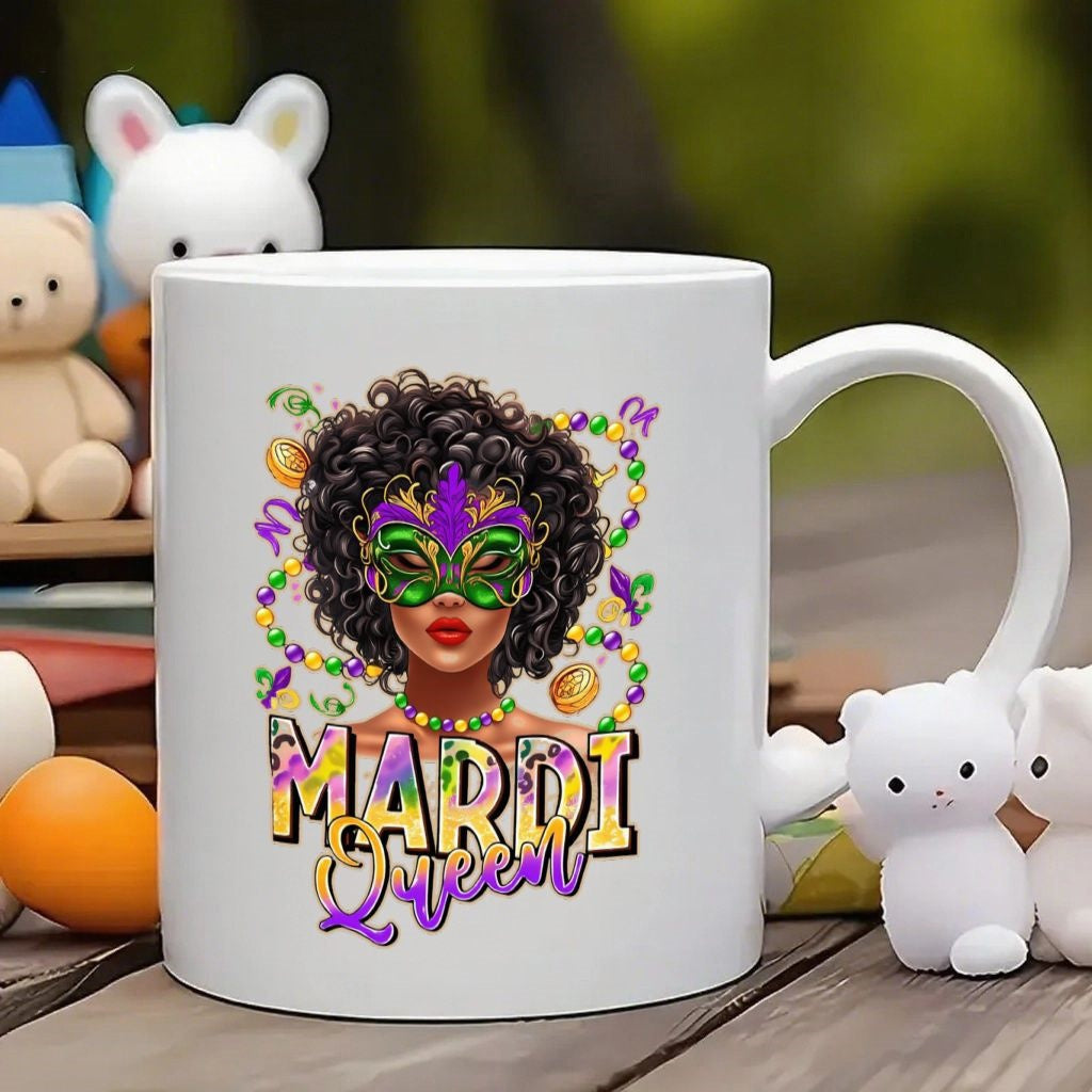 Tailorly White Ceramic 11 oz Mug - Mardi Queen Beautiful Woman With Afro Wearing Colorful Festival Mask Woman
