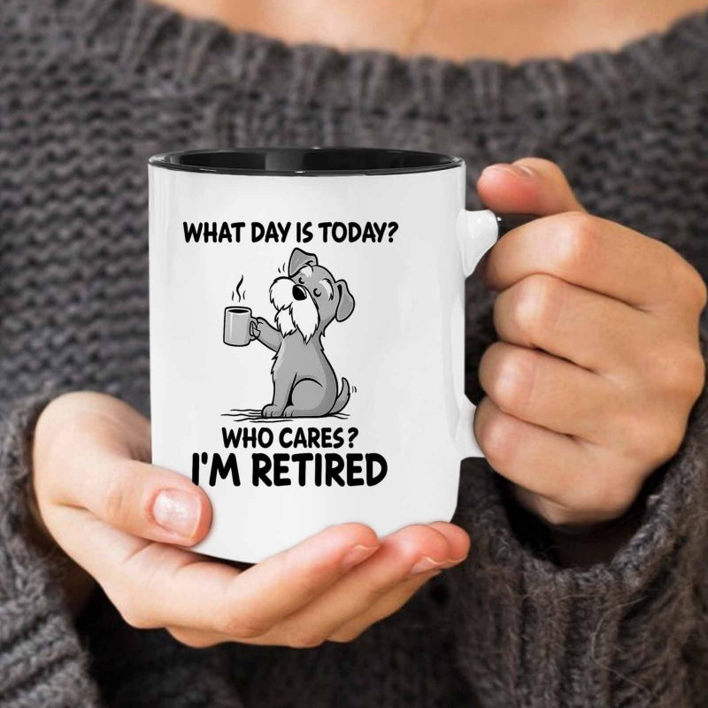 Tailorly Black Accent 11 oz Mug - funny retired dog holding coffee mug with text "what day is today who cares im retired"
