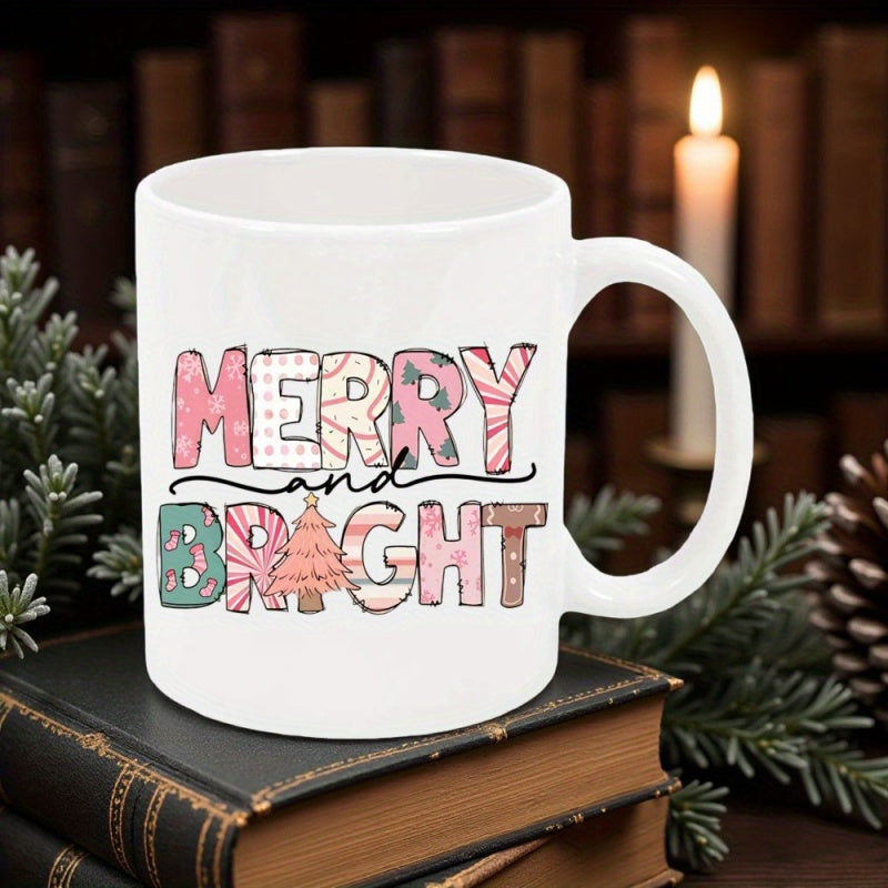 Tailorly White Ceramic 11 oz Mug - Merry And Bright Pink Patterned Holiday Letters With A Festive Miniature Decorative Christmas Tree
