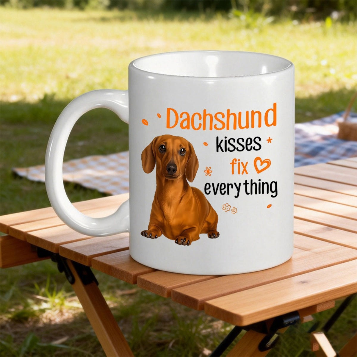 Tailorly White Ceramic 11 oz Mug - Dachshund Kisses Fix Everything Cute Brown Smooth Haired Dog Sitting Peacefully With Sentimental Quote Dachshund