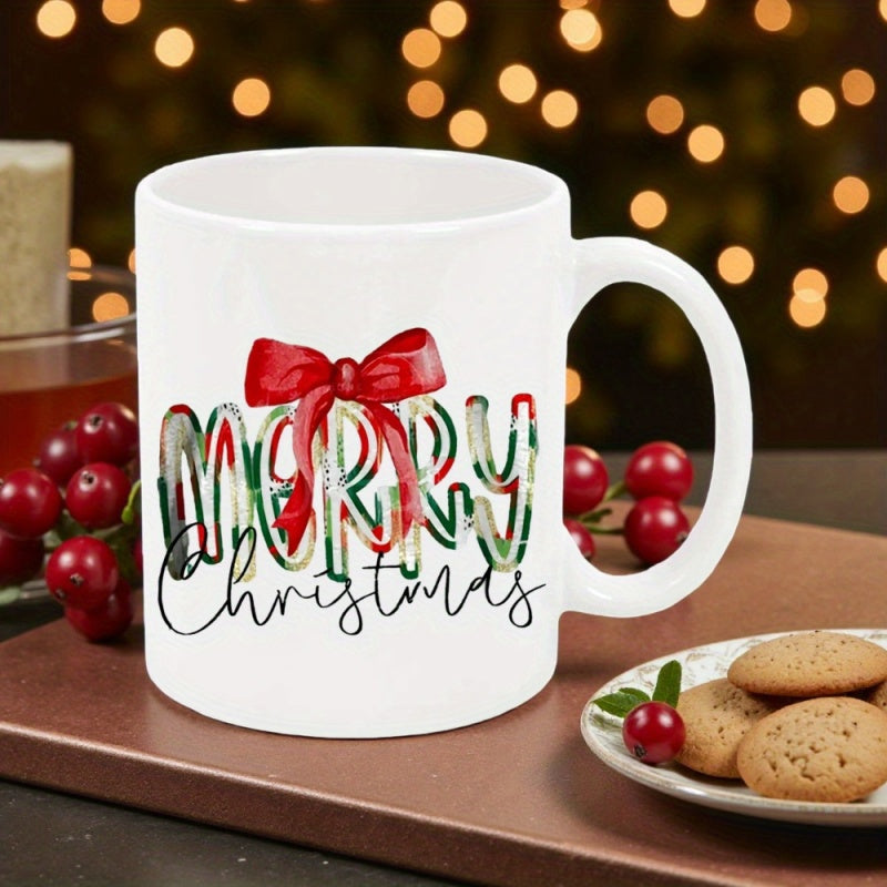 Tailorly White Ceramic 11 oz Mug - Merry Christmas Red Ribbon Bow Over Plaid Pattern Text On White Ceramic Festive Mug