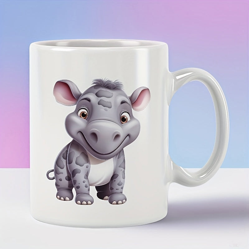 Tailorly White Ceramic 11 oz Mug - Adorable Sitting Little Grey Spotted Animal With Large Friendly Eyes Hippo