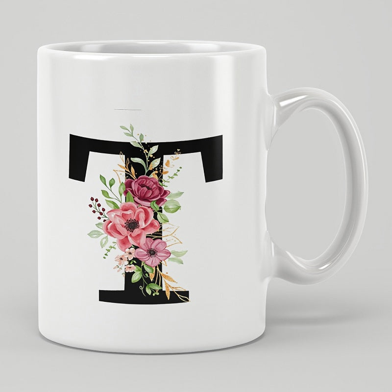 Tailorly White Ceramic 11 oz Mug - Elegant Black Serif Initial Intertwined With Blooming Pink Floral Petals Letter T