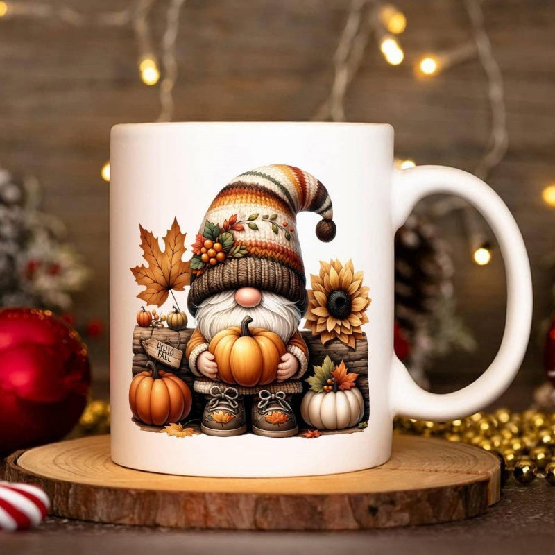Tailorly White Ceramic 11 oz Mug - Seasonal Harvest Elements With Autumn Leaves Sunflowers And Decorative Pumpkins Gnome