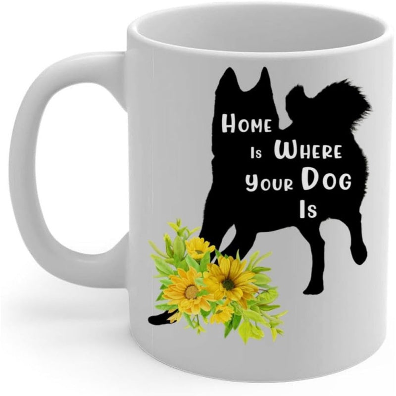 Tailorly White Ceramic 11 oz Mug - Home Is Where Your Dog Is Standing Within Vibrant Yellow Sunflowers And Fresh Green Leaves Dog