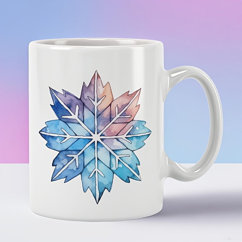 Tailorly White Ceramic 11 oz Mug - Artistic Watercolor Styled Pattern Featuring Colorful Winter Autumn Leaves And Symmetric Snowflake