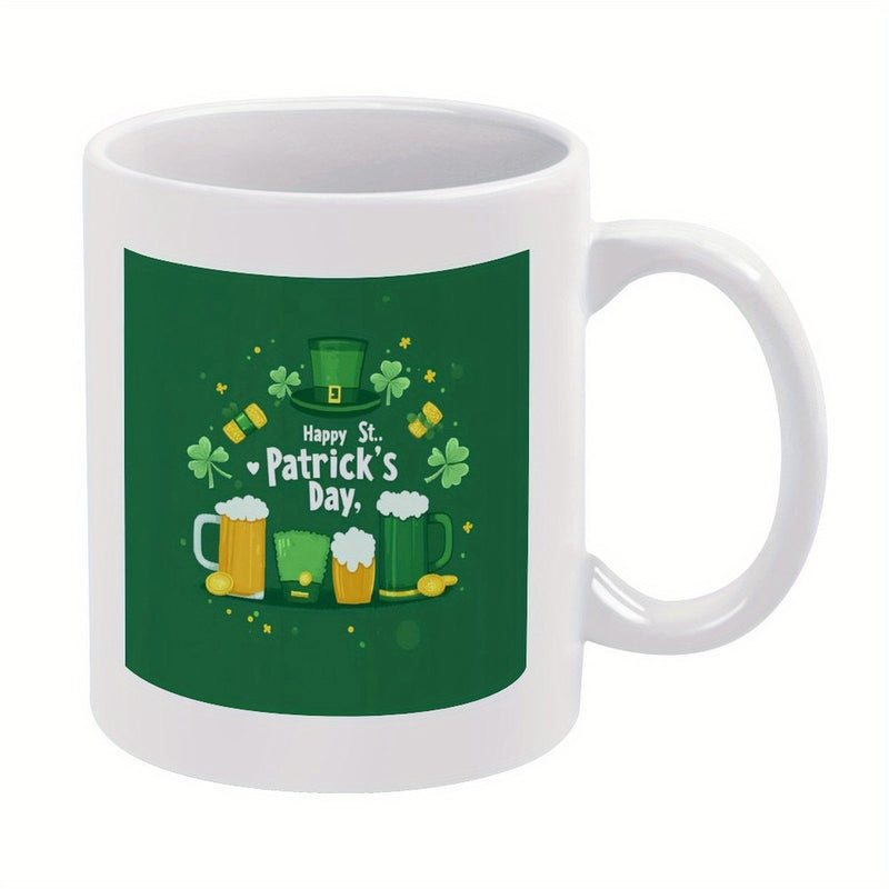 Tailorly White Ceramic 11 oz Mug - Happy St Patricks Day Festive Green Irish Holiday Theme With Shamrocks And Beer Mug