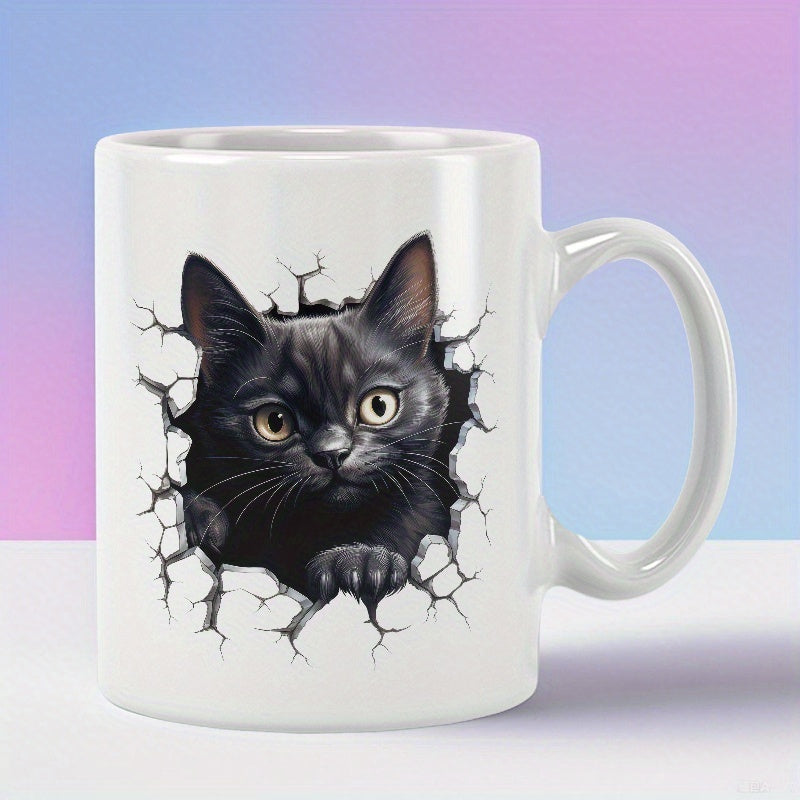 Tailorly White Ceramic 11 oz Mug - Adorable Black Kitten Peeking Through Realistic Cracked Wall Surface Hole Cat