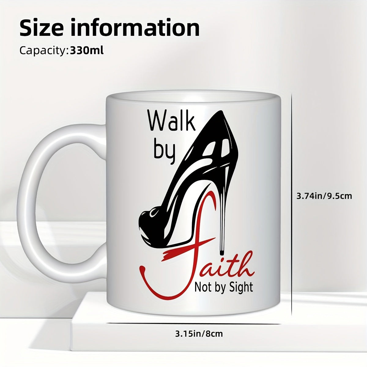 Tailorly White Ceramic 11 oz Mug - Walk By Faith Not By Sight Elegant Silhouette High Heel Stiletto With Bold Red Scripted Lettering Shoe