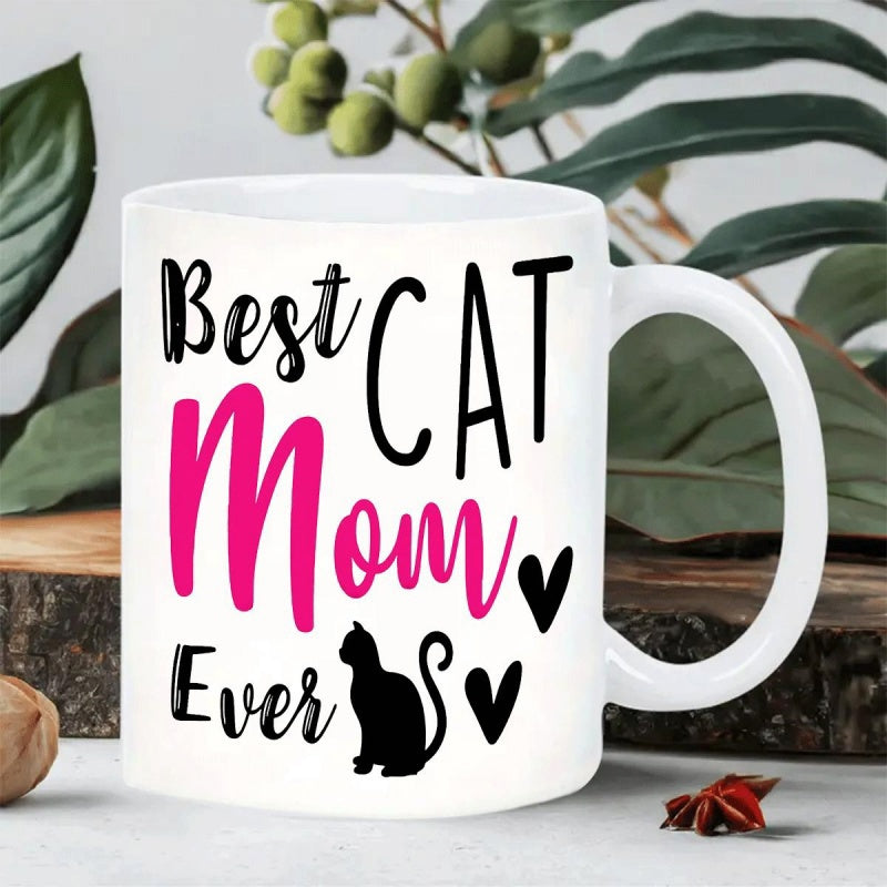 Tailorly White Ceramic 11 oz Mug - Best Cat Mom Ever Elegant Silhouette Of A Sitting Black Cat With Floating Hearts Cat