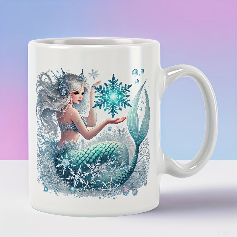Tailorly White Ceramic 11 oz Mug - Graceful Winter Mermaid Holding Glowing Snowflake Among Frozen Crystal Bubbles Mermaid