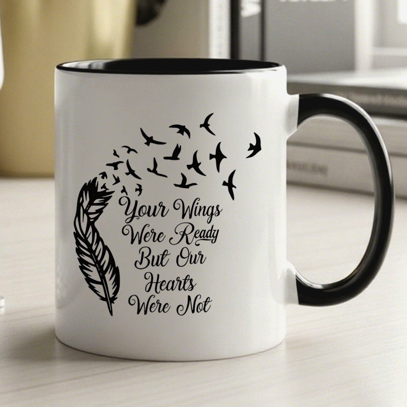 Tailorly Black Accent 11 oz Mug - feather and birds themed black and white with feather birds and your wings