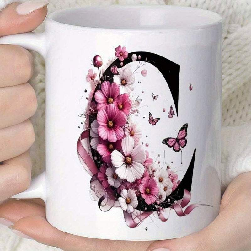 Tailorly White Ceramic 11 oz Mug - Artistic Black Letter Adorned With Pink Blossoms And Small Fluttering Butterflies Flower