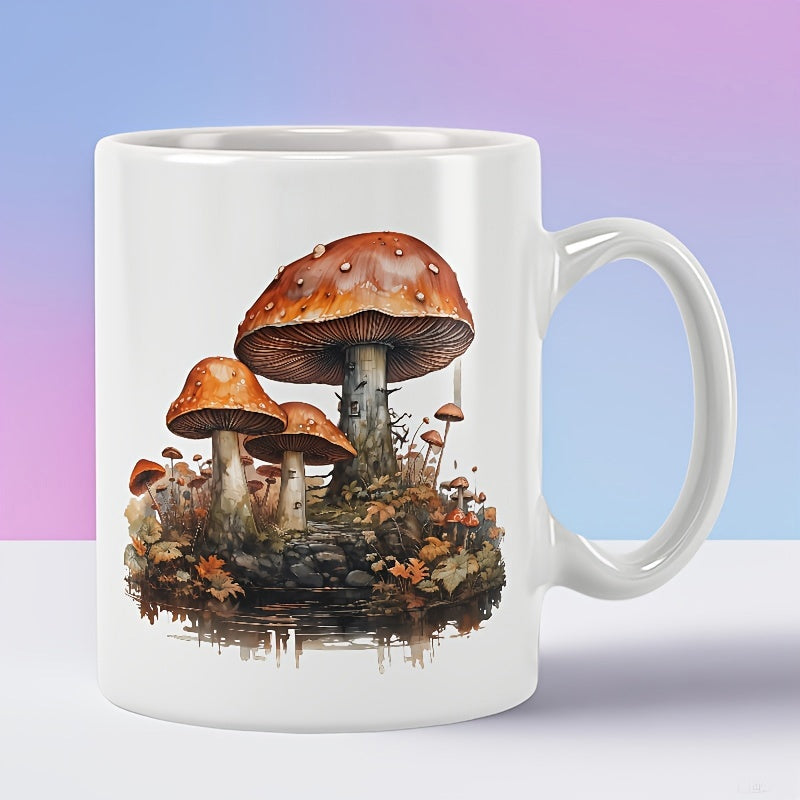 Tailorly White Ceramic 11 oz Mug - Realistic Watercolor Forest Fungi Growing Among Fallen Autumn Leaves Mushrooms