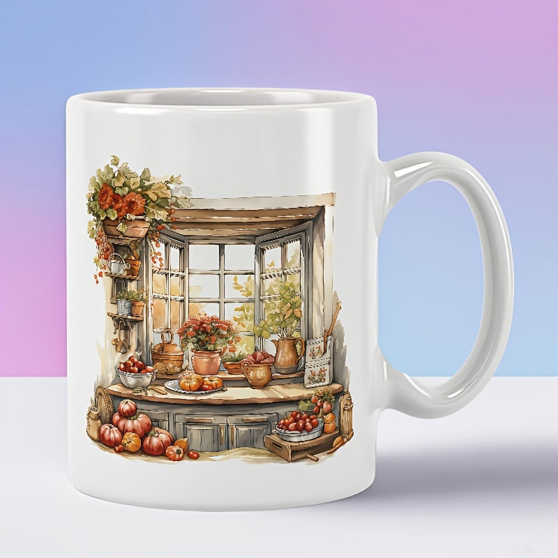 Tailorly White Ceramic 11 oz Mug - Rustic Watercolor Kitchen Scene With Autumn Harvest Pumpkins And Flowery Window