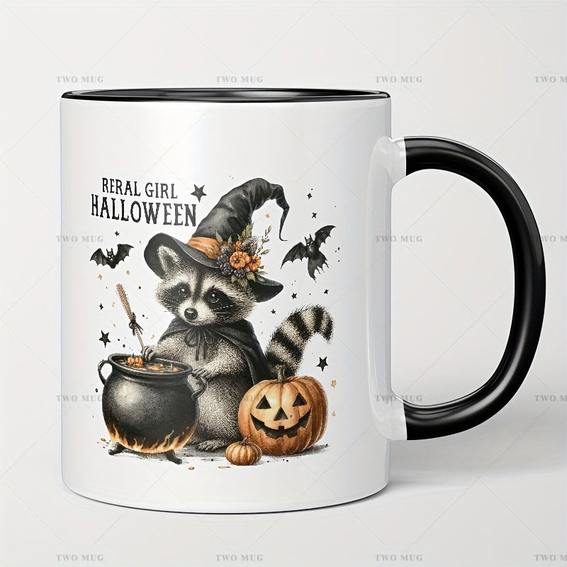 Tailorly Black Accent 11 oz Mug - halloween raccoon witch hat stirring potions bats design