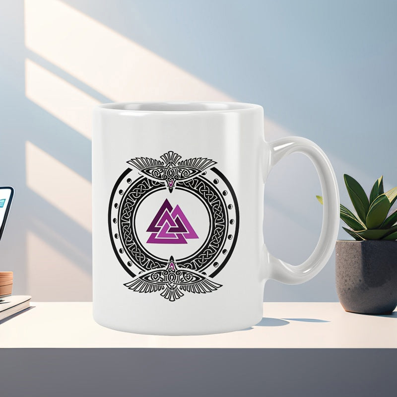 Tailorly White Ceramic 11 oz Mug - Ancient Norse Valknut Symbol With Majestic Ravens In Intricate Circular Pattern Mug