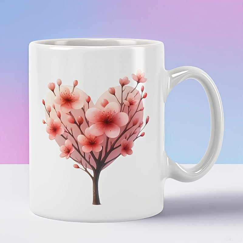 Tailorly White Ceramic 11 oz Mug - Pink Cherry Blossoms Blooming In A Heart Shape Branching Tree