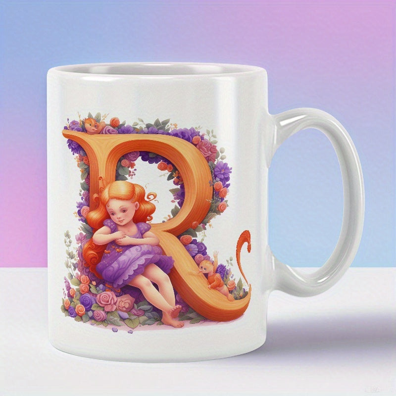 Tailorly White Ceramic 11 oz Mug - Cute Reclining Girl With Blonde Hair Among Purple Flowers On Large Orange Alphabet